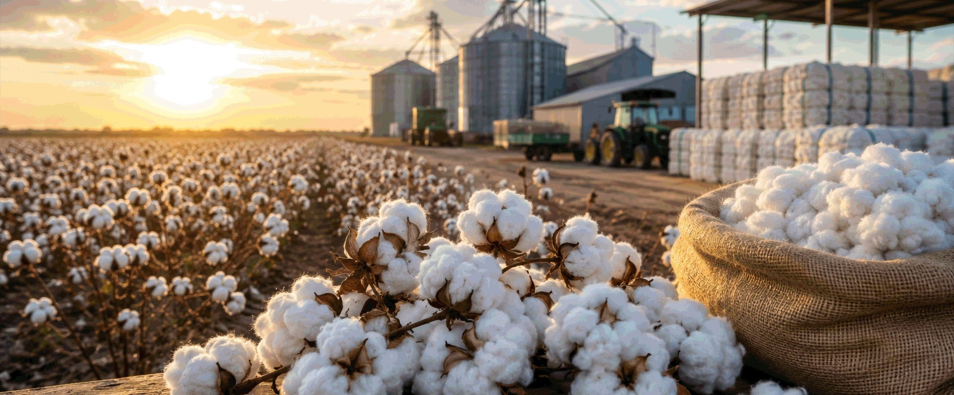 Cotton field, bales, farm equipment and storage infrastructure at sunset